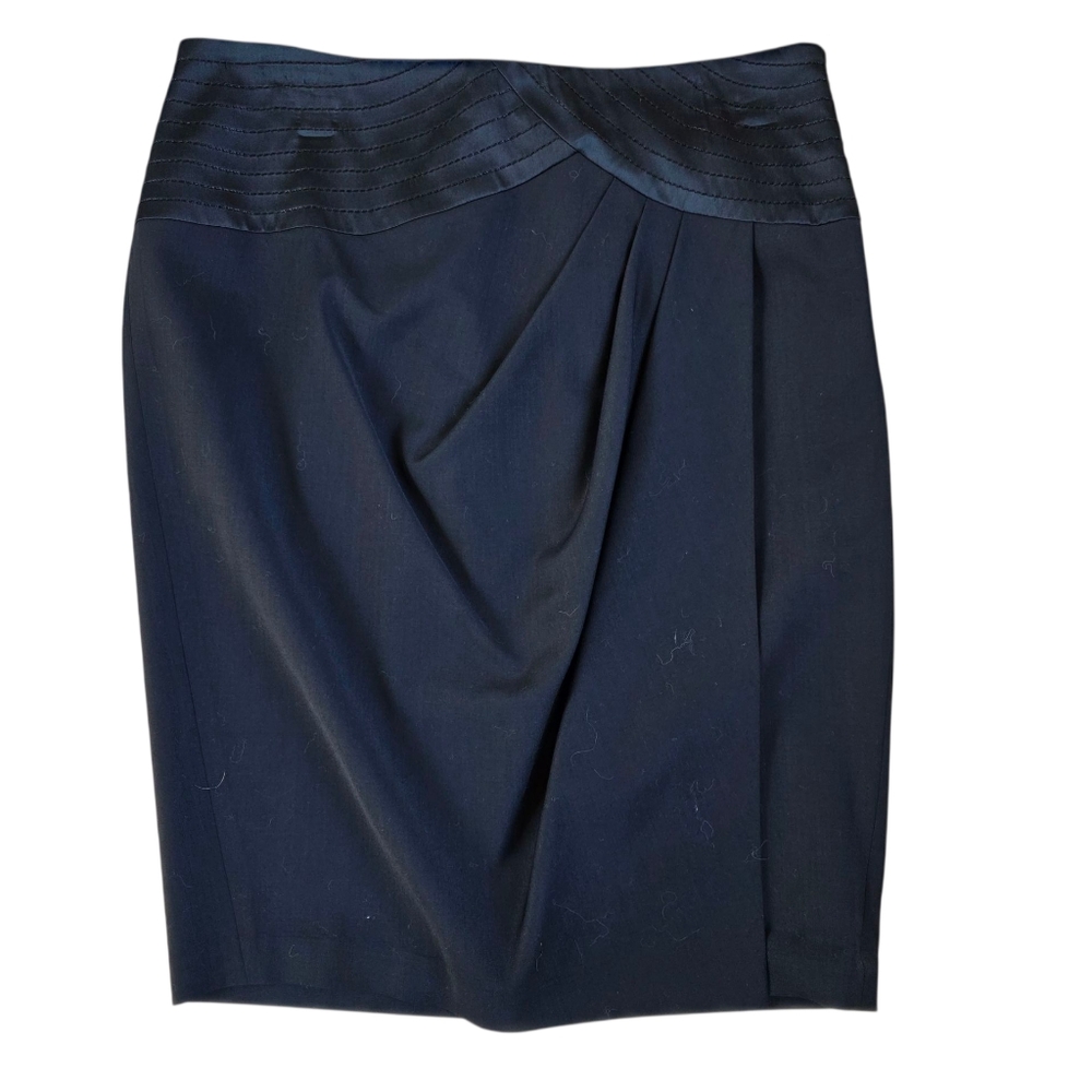 Bebe Draped Black Wool Blend Pencil Skirt Waist Detail Size 8 EUC